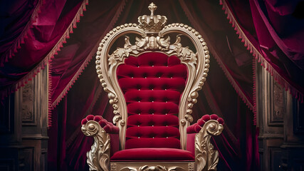 a red chair with a gold frame and red curtains with candles on it.