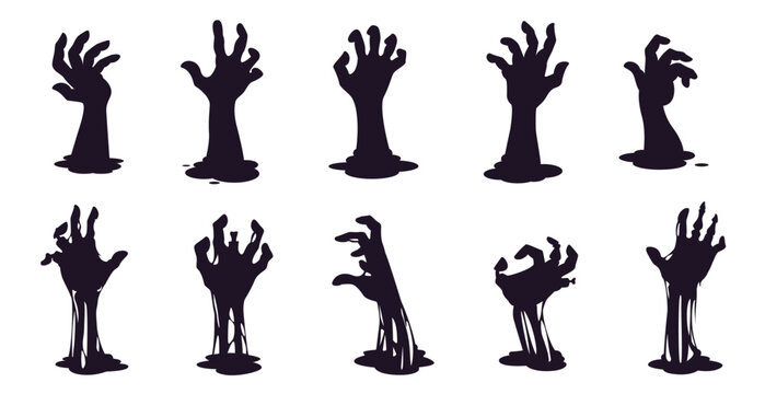 Halloween cemetery zombie hands silhouettes. Vector set of black spooky arms, sticking out of the ground, capturing eerie and chilling vibes. Graveyard horror night with creepy reaching human limbs