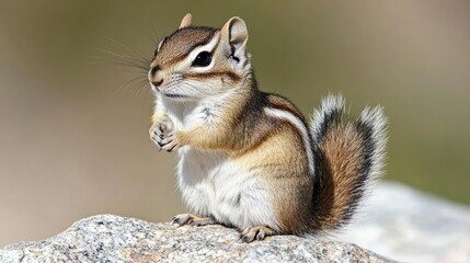Fototapeta premium A chipmunk stands on its hind legs, stretching toward something in the distance, surrounded by rocks and natural debris