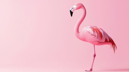 Fototapeta premium A vibrant pink flamingo stands gracefully against soft pink background, exuding elegance and charm. Its feathers are detailed and colorful, creating cheerful atmosphere. 