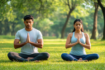 Fototapeta premium couple doing meditation at garden
