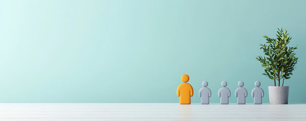 A creative scene with a unique orange figure standing out among gray figures and a plant, symbolizing individuality and growth.