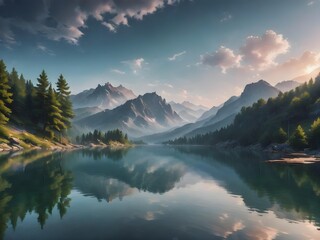 A breathtaking landscape of a serene lake surrounded by mountains, with the reflection of the sky on the water. The scene captures the beauty of nature and tranquility