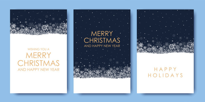 Merry Christmas and New Year cards and invitations to corporate events. Snowflakes on a blue background. Winter vector illustration