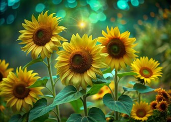 Obraz premium Vibrant yellow sunflowers sway gently in the summer breeze, set against a warm, serene background of lush green foliage and colorful blooming flowers.