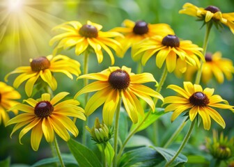 Obraz premium Vibrant yellow petals with dark centers, Rudbeckia blooms sway gently in the summer breeze, surrounded by lush green foliage and warm sunlight.