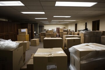 Office Space with Unpacked Cardboard Boxes and Plastic-Wrapped Furniture