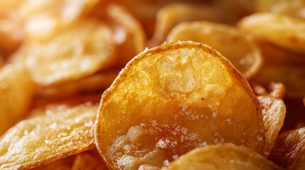Close-up of crispy golden potato chips with a rich texture and warm lighting, ideal for food-related designs focusing on snacks, comfort food, and indulgence.