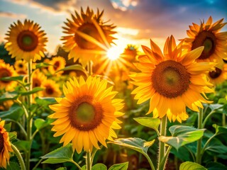 Obraz premium Vibrant yellow sunflowers stretch towards the sky, their bright petals and leaves illuminated by warm, golden sunlight, creating a serene and idyllic summer scene.