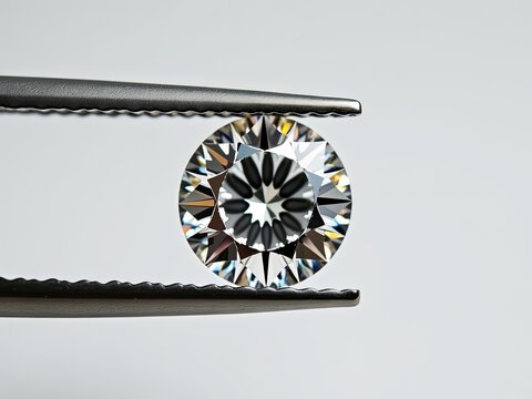 A round diamond is delicately held by tweezers, showcasing its brilliance and intricate cuts against a bright backdrop