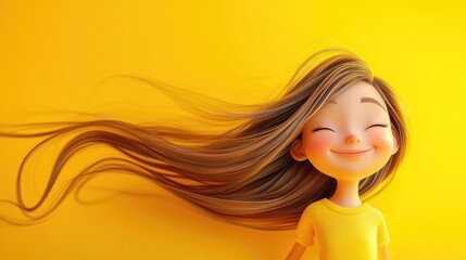 3D Cartoon Portrait of a Joyful Girl with Flowing Hair Enjoying the Wind Against a Bright Yellow Background