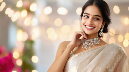 young woman in an elegant sari, smiling and holding her hand near her neck with diamond jewelry on it, against a blurred background