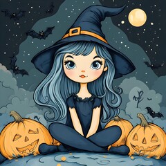 Mischievous Witch in Autumn Night Scene with Pumpkins and Bats