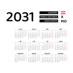 Calendar 2031 German language with Austria public holidays. Week starts from Monday. Graphic design vector illustration.