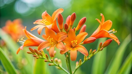 Obraz premium Vibrant orange crocosmia blooms against a soft focus background, delicate petals unfolding from tight buds, showcasing intricate details and textures in warm, natural light.