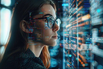 Focused woman wearing glasses studying digital code on screen with overlayed holograms of data. Concepts of technology, software development, and information analysis.