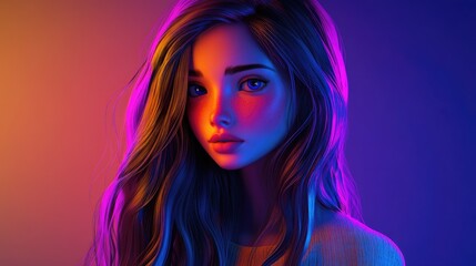 Naklejka premium 3D Cartoon Portrait of a Young Brunette with Long Hair in a Studio Setting Vibrant and Bold Colors