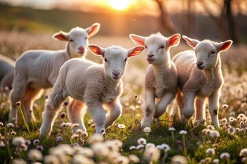 Fototapeta premium Adorable little lambs frolic and play on a lush green spring meadow, bathed in warm golden light during a serene sunrise, surrounded by blooming wildflowers.