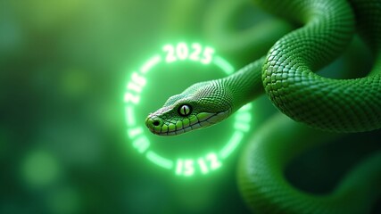 Obraz premium New Year 2025, green snake texture on background, green bokeh