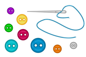 Clothing buttons and needle with thread on white background. Sewing kit with buttons, thread and needle. Needle with thread for sewing. Clothing fastener or tailor items. Fashion and needlework.Vector
