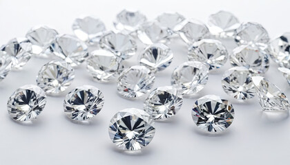 Sparkling diamonds are scattered across a white surface, reflecting light and displaying their stunning clarity and brilliance