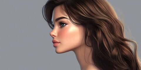 Fototapeta premium 3D Cartoon Portrait of Young Beautiful Brunette Woman in Profile Against Gray Background