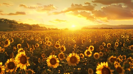 Fototapeta premium Scene of a sunflower field at sunset flat design top view summer warmth theme
