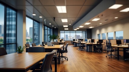 A sleek and contemporary open office space featuring a warm wooden conference table, ergonomic chairs. 1651