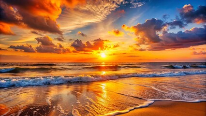 Fototapeta premium Beautiful evening sky reflecting orange sunlight on waves at the beach, sundown, sea, beach, sunset, orange, waves, reflection