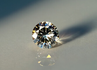 A brilliant diamond rests on a sleek surface, capturing light and casting reflections, showcasing its stunning facets and clarity