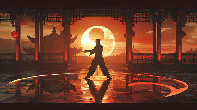 a man is practicing kung fu in a temple