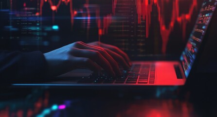 Person Typing on Laptop with Holographic Financial Data
