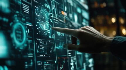 Hand Interacting with Futuristic Digital Touch Screen Displaying Complex Data