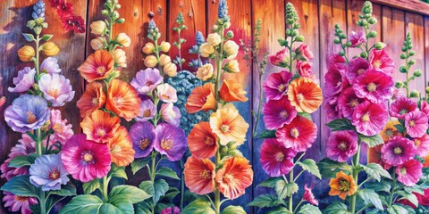 Vibrant watercolor artwork depicting tall, statuesque hollyhocks against a rustic garden wall, showcasing delicate floral beauty and kaleidoscope of colors in a whimsical botanical setting.