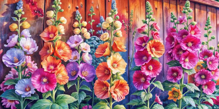 Vibrant watercolor artwork depicting tall, statuesque hollyhocks against a rustic garden wall, showcasing delicate floral beauty and kaleidoscope of colors in a whimsical botanical setting.