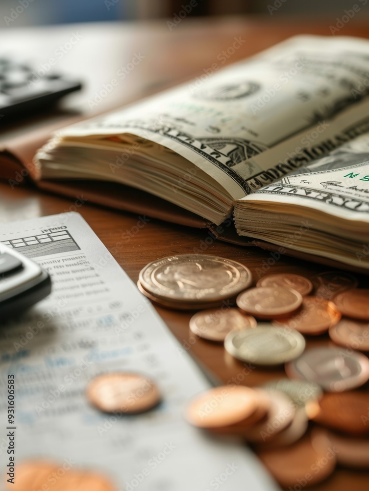 Poster A stack of cash rests beside coins, while an open notebook displays notes and calculations, illustrating financial planning and organization. Generative AI