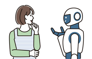 ロボットと会話するエプロンの女性