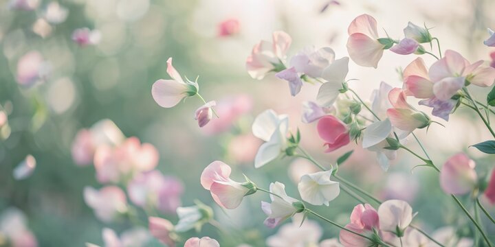 Delicate, pastel-hued sweet pea petals gently flutter, suspended in mid-air, against a pristine white background, creating a serene, romantic, and whimsical atmosphere.