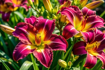 Fototapeta premium Vibrant daylily blooms in sunlight, showcasing a stunning array of colors, delicate petals, and intricate details, creating a breathtakingly beautiful floral display.