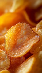 Close-up of crispy golden potato chips with a rich texture and warm lighting, ideal for food-related designs focusing on snacks, comfort food, and indulgence.