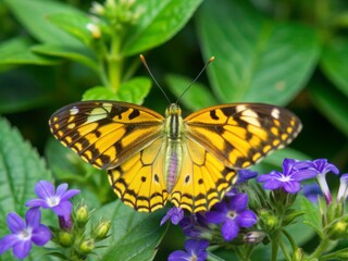 Obraz premium A delicate Pterygota butterfly with intricate wing patterns perches on a vibrant purple Lobelia flower, surrounded by lush green foliage in a serene natural setting.