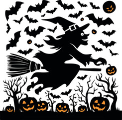 halloween background vector style silhouette with pumpkin and bats	