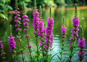 Fototapeta premium Vibrant purple loosestrife flowers sway gently in the summer breeze amidst lush green foliage and subtle ripples on a serene forest pond's surface.