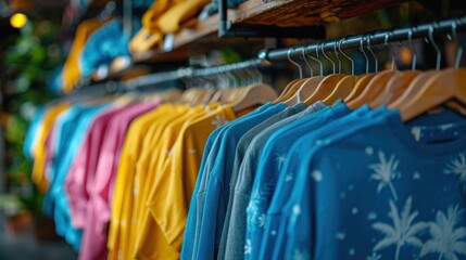 Fototapeta premium A vibrant display of various colorful shirts hanging neatly on wooden hangers in a trendy clothing store, showcasing a range of different styles and designs
