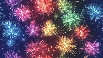 A seamless pattern with minimalistic holographic fireworks - Glowing neon rainbow background. 