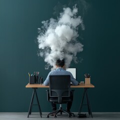 Employee at a desk with smoke rising from their computer symbolizing burnout from technology overload