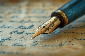 Close-up of an ornate fountain pen nib resting on an old, handwritten letter with blue ink, showcasing intricate calligraphy and writing craftsmanship