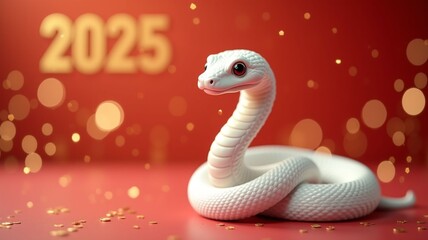 Fototapeta premium A cute white snake on Christmas and new year background. The Chinese calendar of 2025 year with gold bokeh