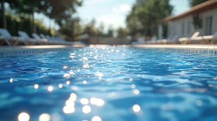 Blue water surface of a swimming pool on a sunny day with palm trees in the background. Summer holiday in a luxury hotel. AI generative