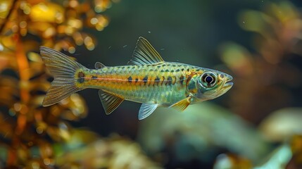 Obraz premium A vividly colored, small freshwater fish swimming near aquatic plants in a well-maintained aquarium, showcasing the beauty of the underwater world in a domestic setting